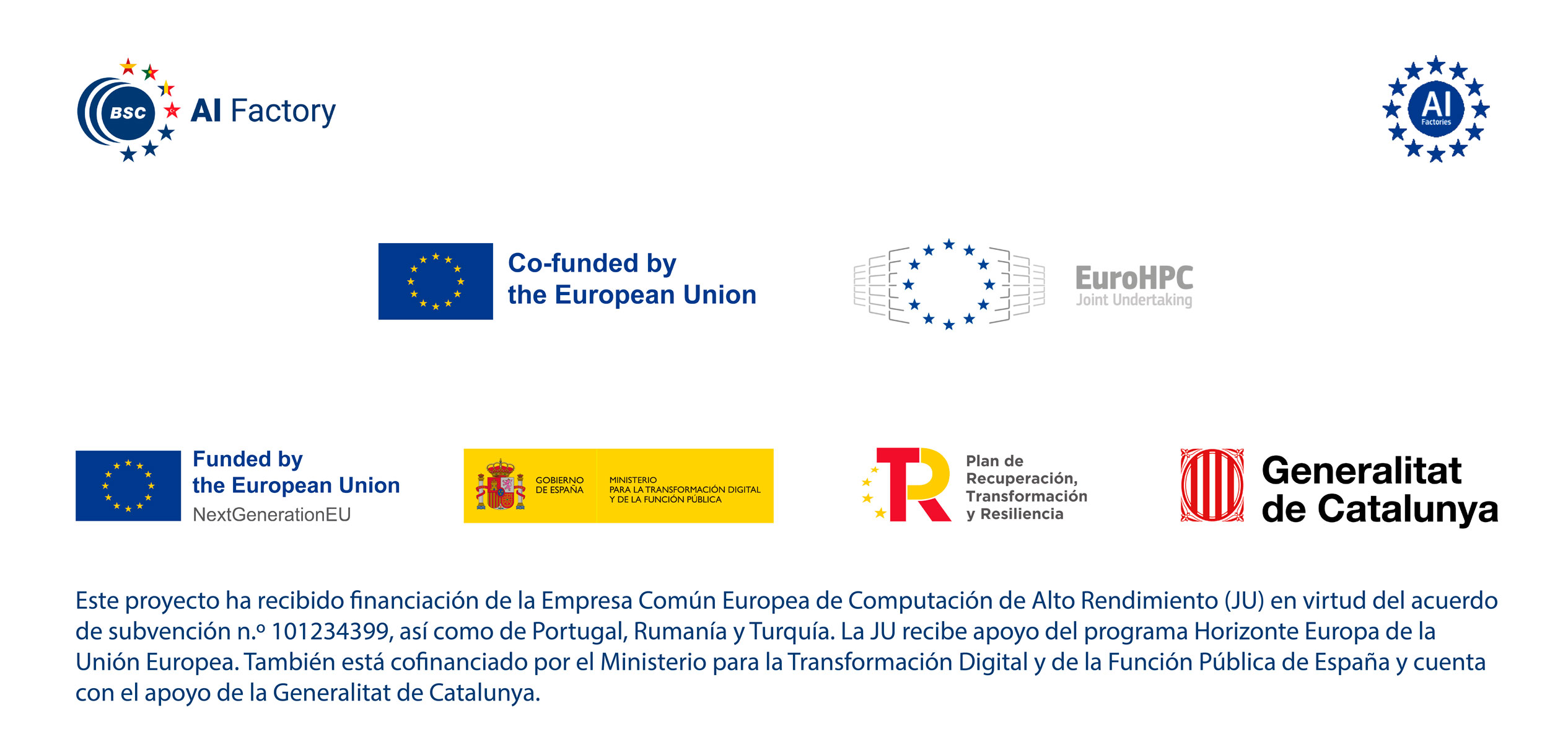 Logotipos entidades que apoyan: BSC AI Factory, AI Factories, Co-Fundec by the European Union, Euro HPC, Funded by the Europetan Union NetxGenerationEU, Ministerio para la Transformación Digital y la Función Pública, Plan de Recuperación, Transformación y Resiliencia y Generalitat de Catalunya.
