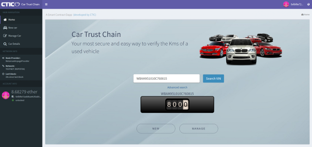 Captura de pantalla inicial de la dapp CarTrustChain desarrollada por CTIC
